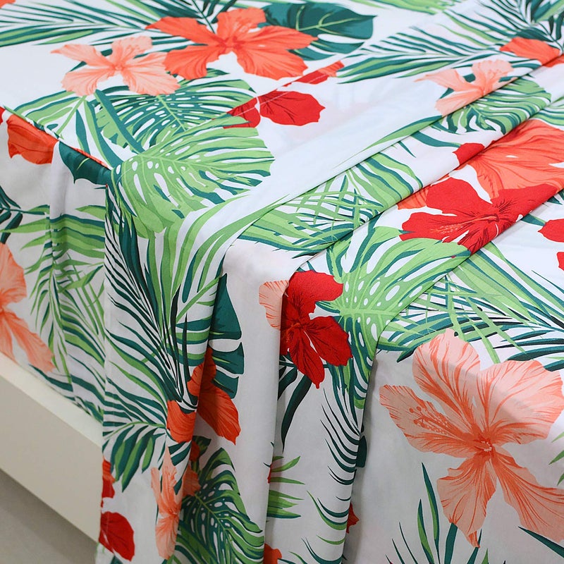 FADFAY Green Floral Sheets Queen Size 100% Cotton Floral Bed Sheet Ultra Soft Tropical Bedding Banana Palm Leaves Top Sheet Hawaiian Deep Pocket Fitted Sheet 4-Pieces - Image 2